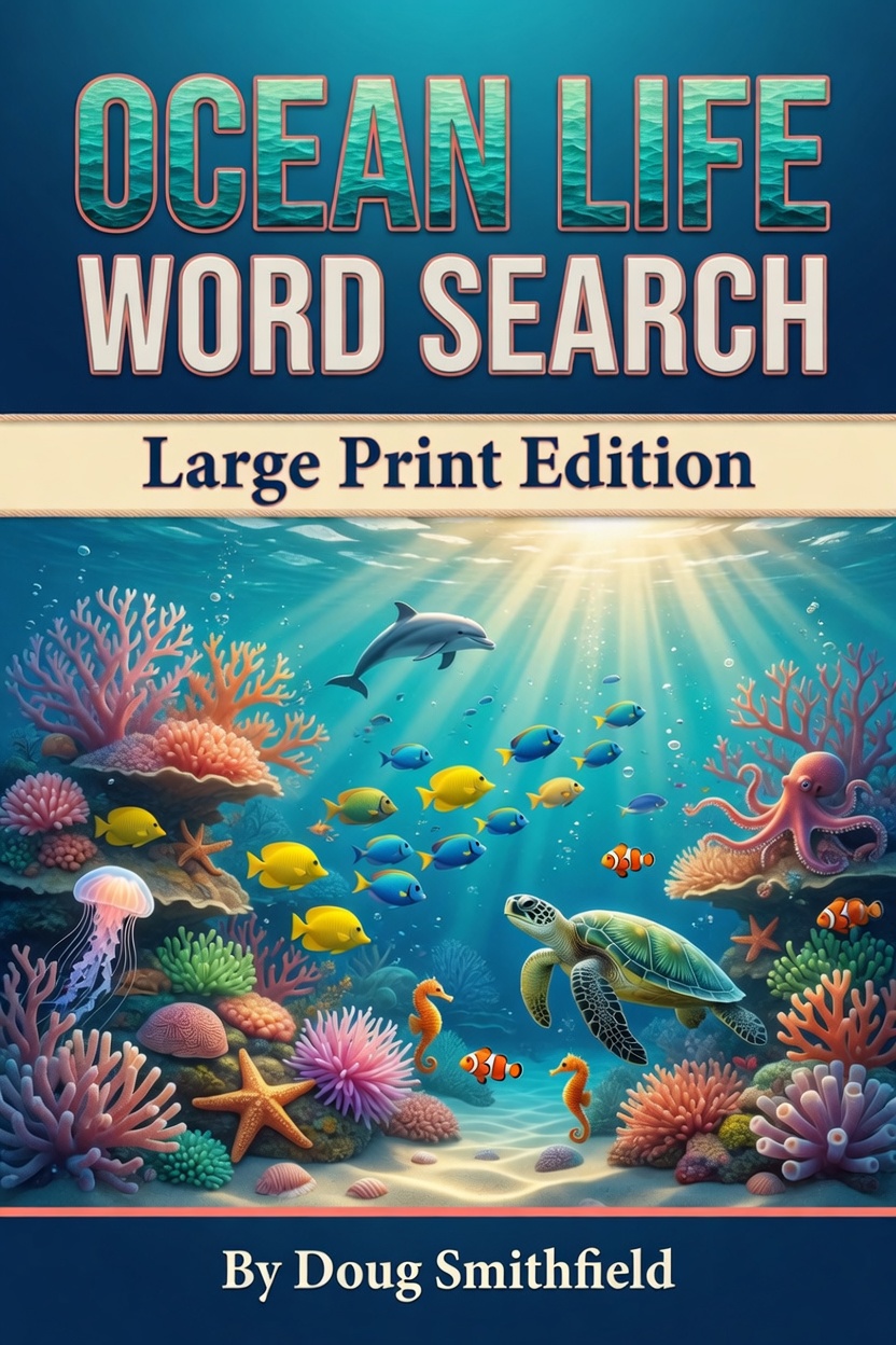 Ocean Life Word Search cover — Large Print Edition by Worthy Puzzle