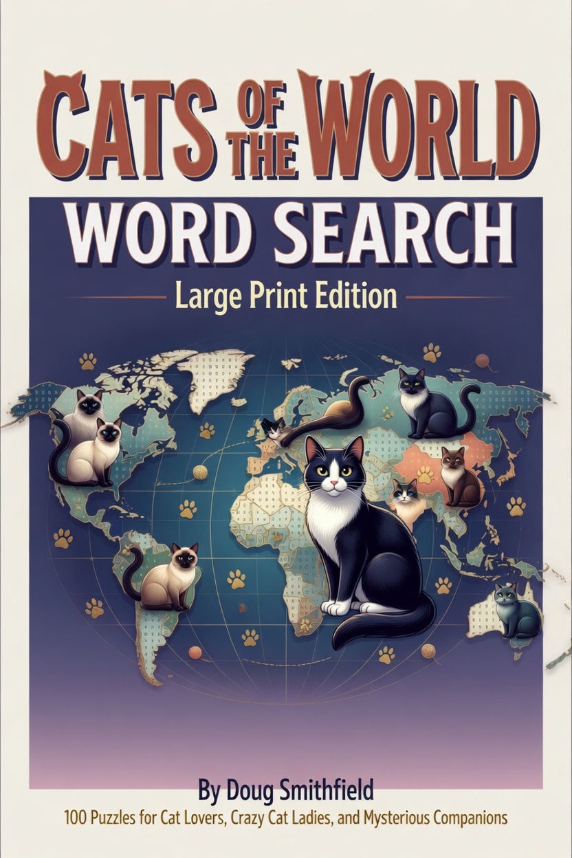 Cats of the World Word Search cover — Large Print Edition by Worthy Puzzle